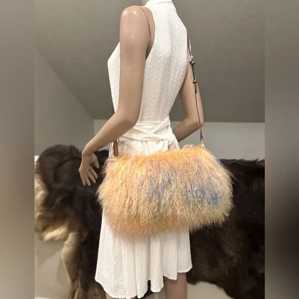 Colorful Real Mongolian Lamb Fur Handmade Boho Style, Fold Over Flap Handbag